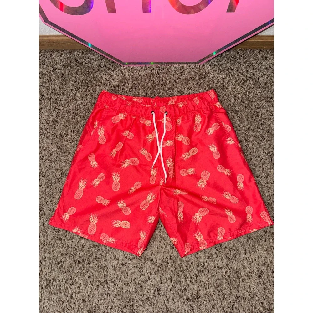 US Apparel Mens Pineapple Print Swim Trunks‎ Shorts Size Medium Drawstring Waist